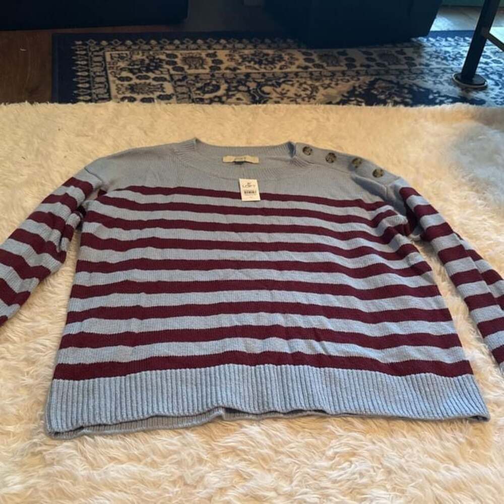 LOFT Blue and Burgundy Striped Long Sleeve Sweater Medium‎ NEW